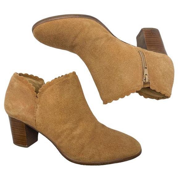 Jack Rogers Marianne Suede Scallop Trim Heeled Ankle Bootie Tan - Picture 2 of 14